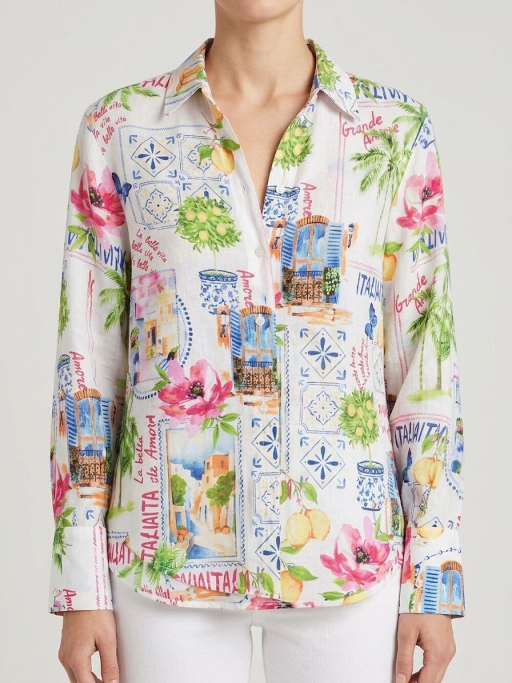 Calypso St Barth Blouse Women S Italy Print Cotton Button Front Floral Travel